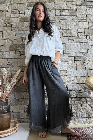Rustic Nature Bubble Cotton Slant Frill Pant Washed Charcoal